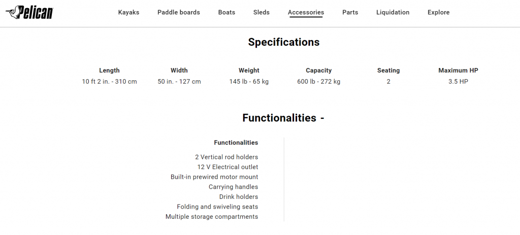 The Bass Raider 10E specifications as presented on Pelican's website