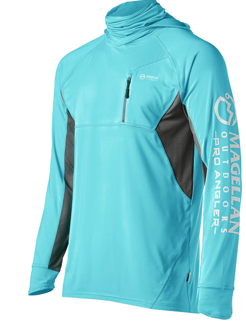Magellan makes fishing shirts with a hood and face shield built in