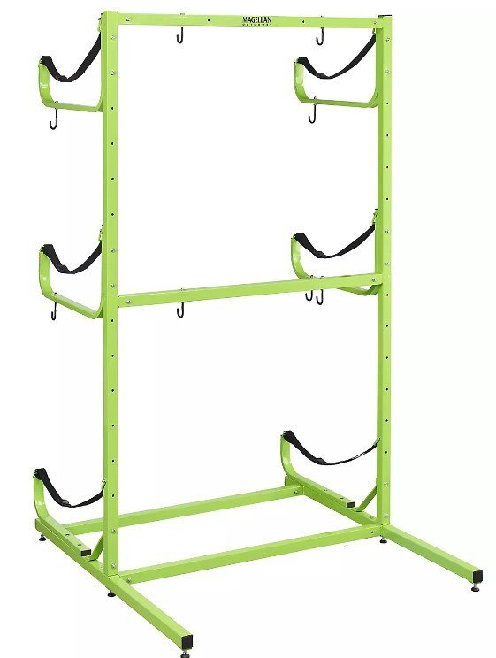 Standing racks that hold the kayaks horizontally can help store multiple kayaks where space is limited.