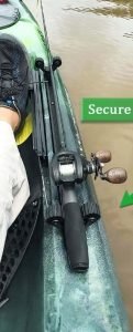 Track mounted rod holders keep your rod in line with the gunwale of your kayak.